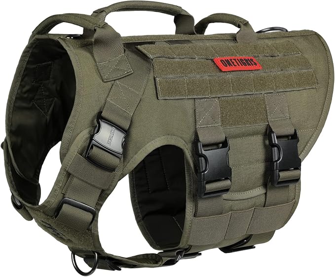 OneTigris Large Tactical Dog Harness, No Pulling Adjustable Dog Vest Harness, Heavy Duty Dog Harness with Handle, Large Hook and Loop Panels for Patch(Range Green,S)