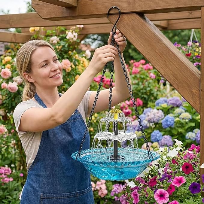Solar Fountain for Bird Bath，Solar Cascade Hanging Bird Bath Fountain，Large Humming Birds Baths Fountains, with Solars Pump & Glass Bowl, for Outdoor, Gardens (red)