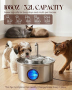 Cat Water Fountain,108oz/3.2L Stainless Steel Cat Fountain and Removable Water Bowl,Pet Fountain with Water Level Window,Quiet Pump,Multi-Filter, Water Tap, Provides Flowing,for Dog Cats