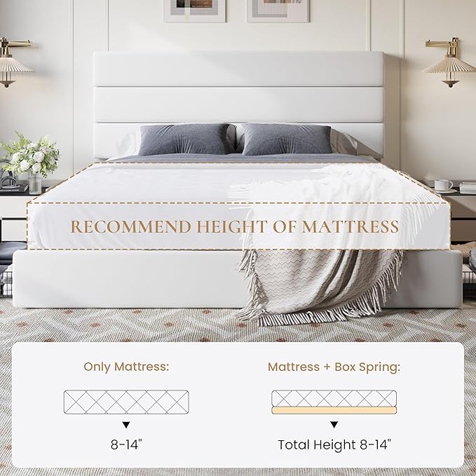 SHA CERLIN King Size Platform Bed Frame with 4 Storage Drawers, Velvet Upholstered Headboard, Mattress Foundation with Wooden Slats Support, No Box Spring Needed, Easy Assembly, White