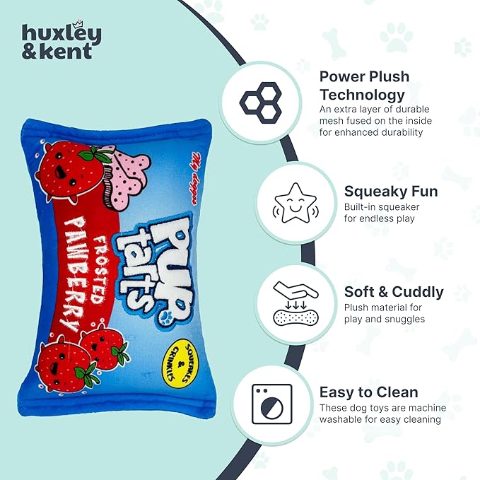 Huxley & Kent Funny Dog Toy w/Squeaker – Power Plush Squeaky Dog Toys for Small, Medium & Large Dogs – Soft Stuffed Animal for Indoor Play & Fetch - Pup-Tarts Frosted Pawberry, Large