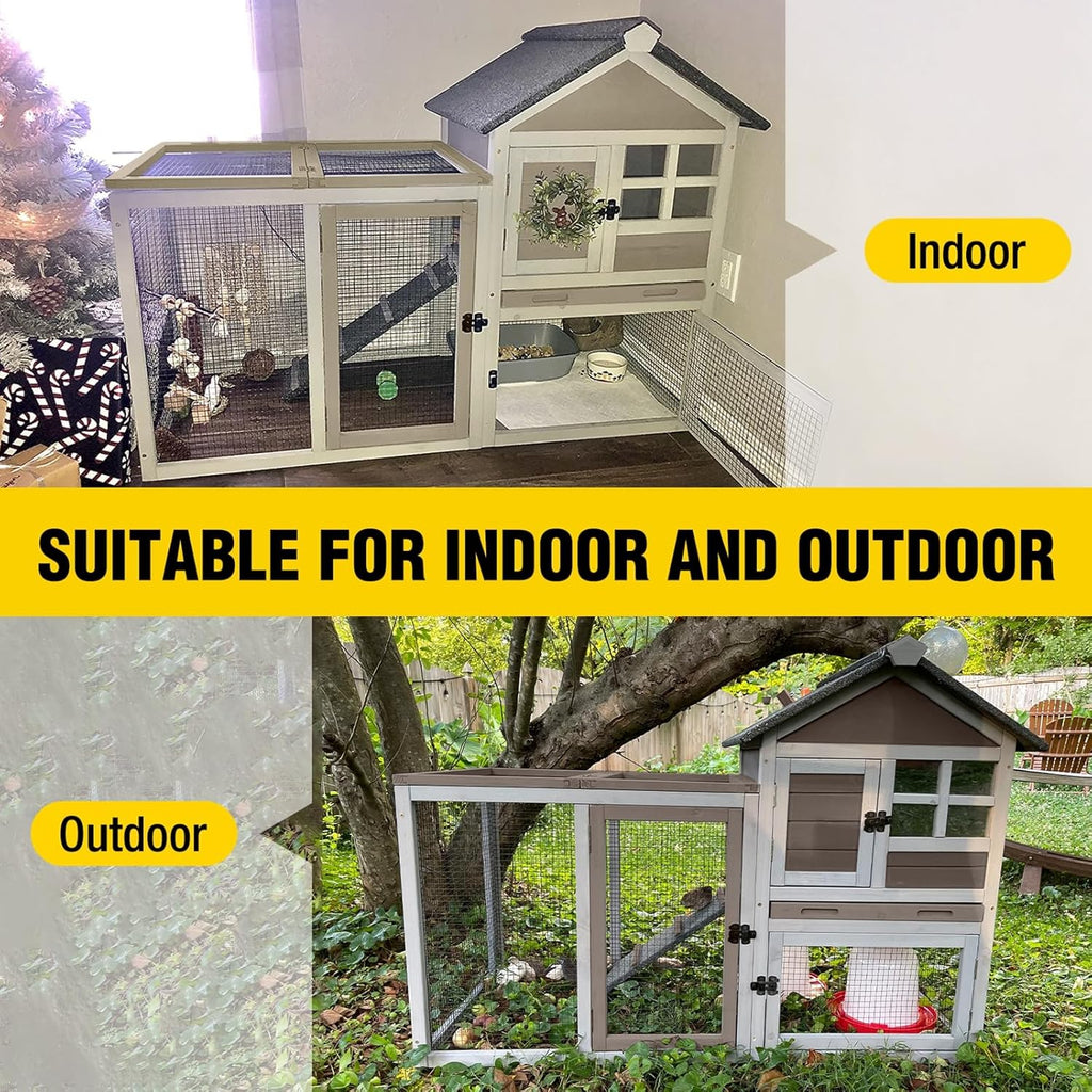 Aivituvin Large Rabbit Hutch Indoor Bunny Cage Outdoor with Run Chicken Coop Guinea Pig House with Waterproof Asphalt Roof,No Leakage Pull Out Tray (103.2" L x 25.2" W x 36.2" H,Brown-2 Sets)