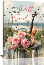 Violin Pictures Wall Art, Music Rustic Country Inspirational Bathroom Wall Decor, Coastal lighthouse Framed Painting Rose Aesthetics Canvas Artwork for Bedroom Living Room Decorations 24"L x 16"W