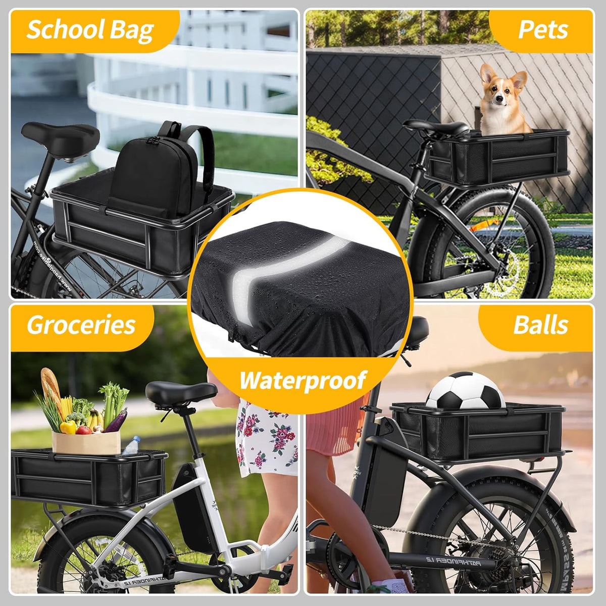 Bike Basket Rear with Liner,Waterproof Cover,Cargo Net Large Rear Bike Basket,Heavy Duty Bicycle Rear Basket for Electric Bike, Ebike,Great for Bike Trip,Carrying Grocery,Ball,Dog