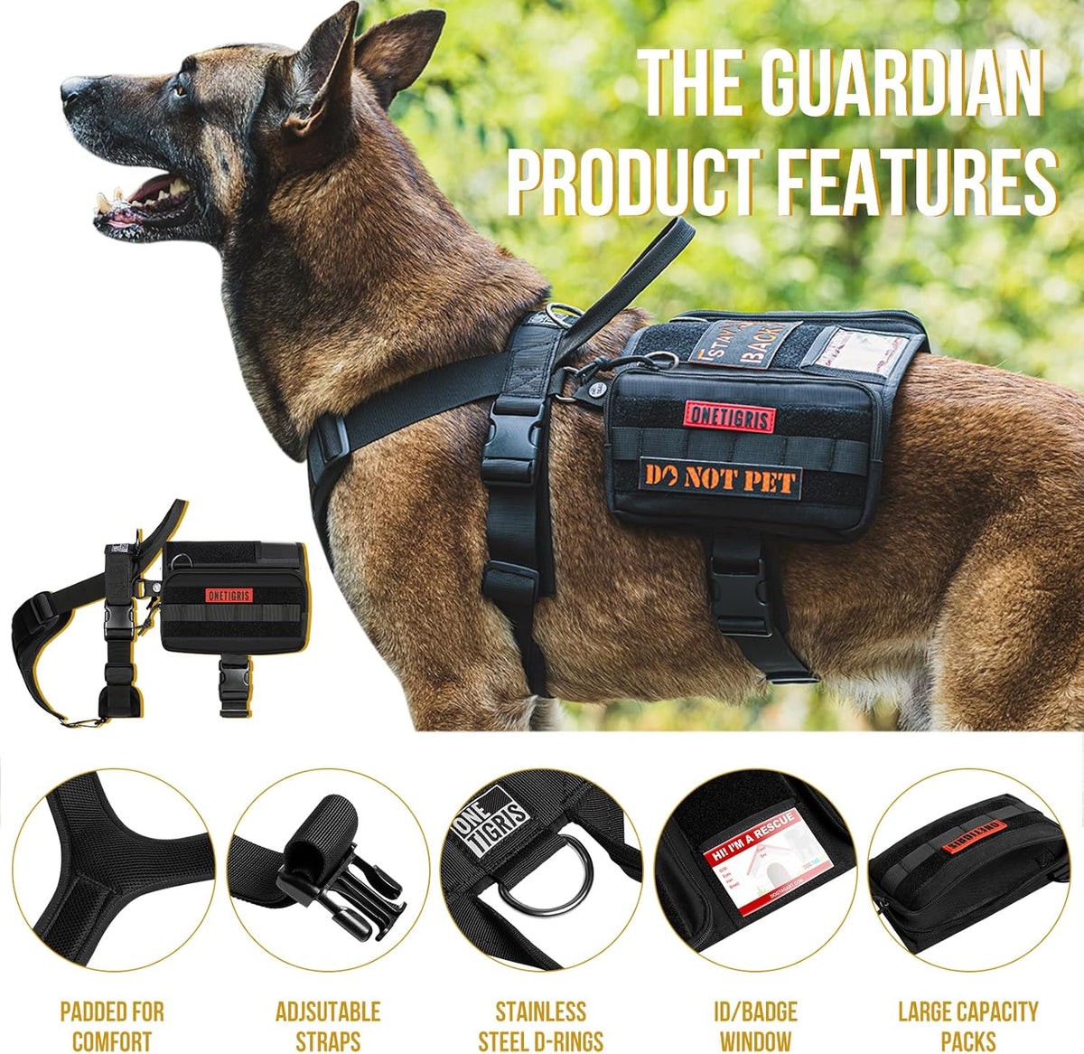 OneTigris Service Dog Vest Harness, Service Dog Cape Guardian Dog Backpack Harness with Pouches Dog Saddle Bag for Small Medium and Large Dogs (Black, M)