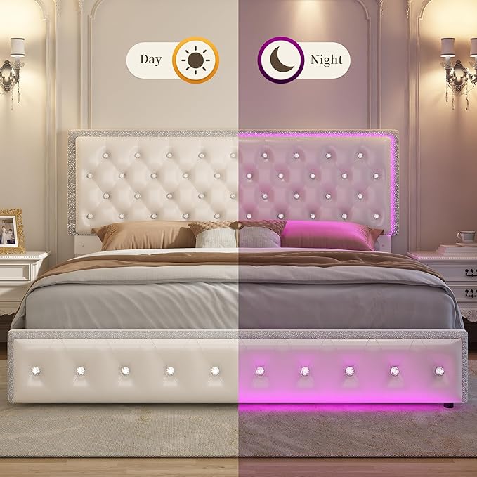 King Led Bed Frame with 2 Drawers, Modern Heavy Duty Upholstered Platform King Size Bed Frames with Crystal Button Tufted Headboard, Solid Slats, Noise Free, No Box Spring Needed, PU White
