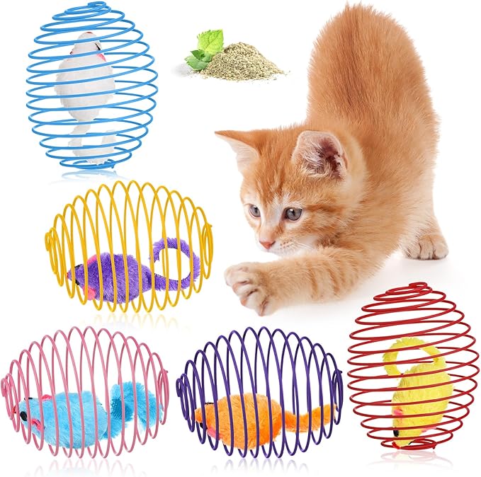 Jecery 5 Pcs Halloween Cat Spring Balls Toys Stretchable Rolling Balls Colorful Playful Coils Interactive Spring Action Toy Caged Rats for Kitten Cat Pet Supplies(Catnip Rats,Multicolor,5 Pcs)