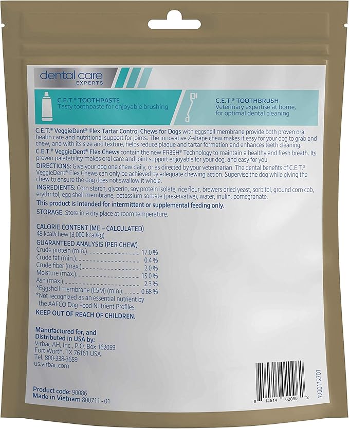 Virbac C.E.T. VEGGIEDENT Flex Tartar Control Chews for Dogs - Small