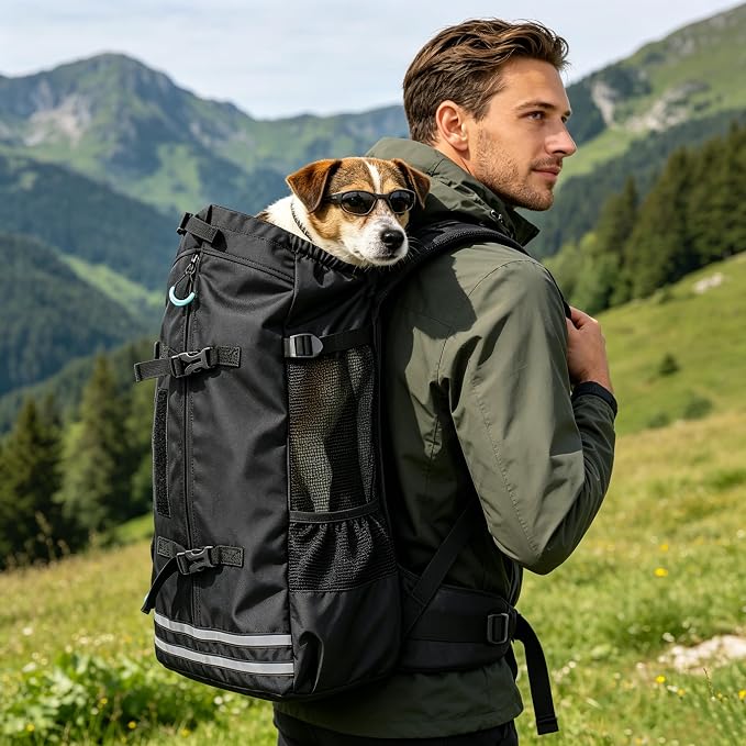 Big Dog Backpack Carrier, Black-L | Extra Large Pet Carrier for 66lbs Dogs, Fully Adjustable Water-Resistant Dog Travel Bag for Hiking Cycling Outdoor Adventures