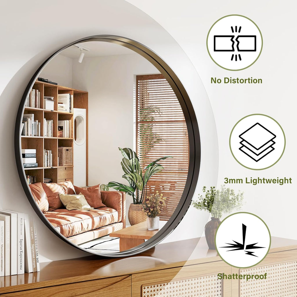 36 Inch Round Bathroom Mirror - Wall Mounted Circle Mirror with Metal Frame, Modern Mirror Suitable for Bathroom, Vanity, Entryway, Living Room, Wall Decor,Black