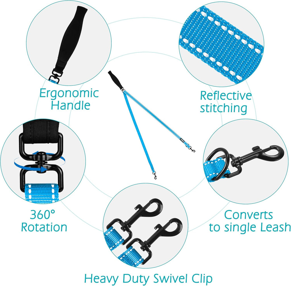 PetBonus Two Point Control Dog Leash, Works with No Pull Harnesses, No Tangle Training Leashes, Soft Padded and Reflective Walking Lead, Converts to Single Lead for Medium Large Dogs (Light Blue)