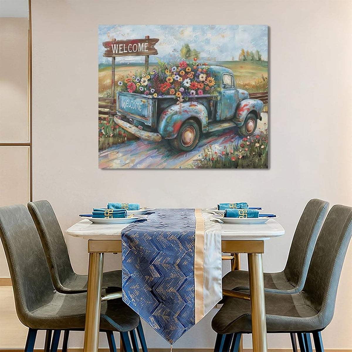 Farmhouse Truck Wall Art Rustic Country Wildflowers Wall Decor Road Flowers Landscape Pictures Canvas Print Painting Artwork for Bathroom Living Room Bedroom 20"x24"