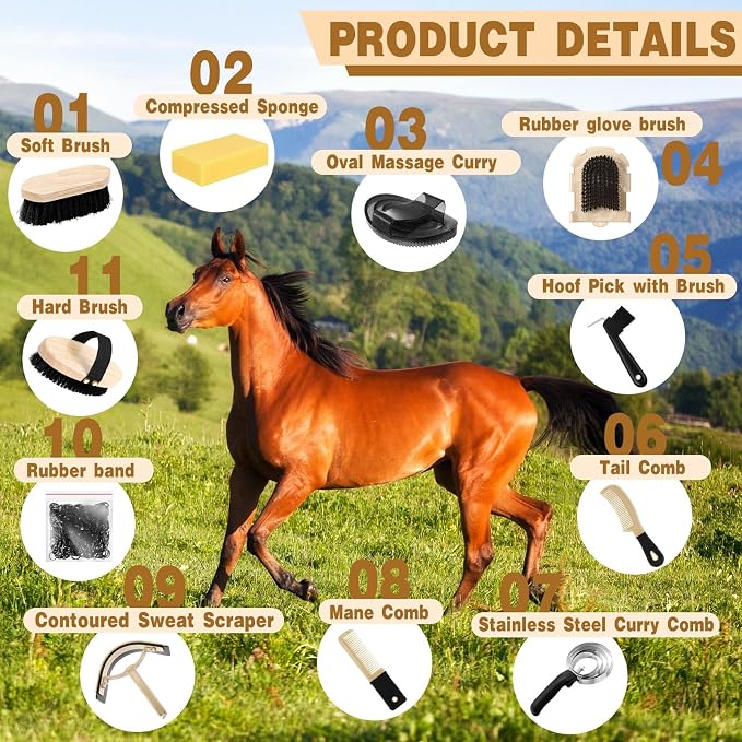 Abbylike 12 Pieces Horse Grooming Kit Racing Festival Tack Room Supplies Horse Brush Sets Equine Care Cleaning Kit Shedding Grooming Massaging Tools(Black)