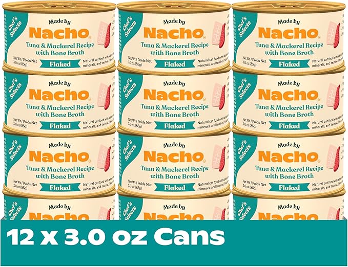 Made by Nacho Flaked Filets Recipe in Bone Broth, Grain-Free Chef's Selects Wet Food for Cats Balanced Diet in Naturally Hydrating Pumpkin-Infused Broth (3.0 oz (Pack of 12), Tuna & Mackerel)