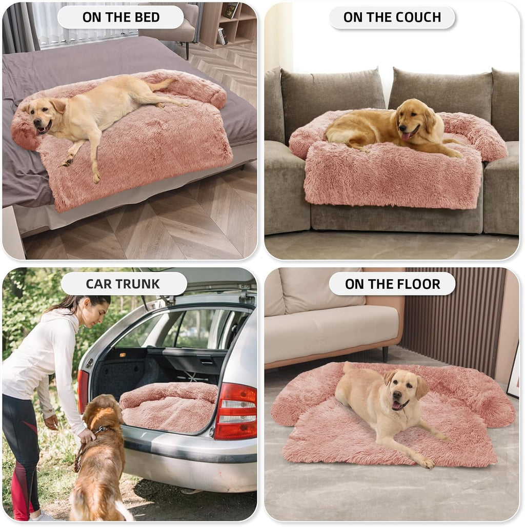 GGIB Calming Dog Bed Fluffy Plush Dog Mat for Furniture Protector with Removable Washable Cover for Large Medium Small Dogs and Cats (Extra Large (53x39.3x6), Pink)