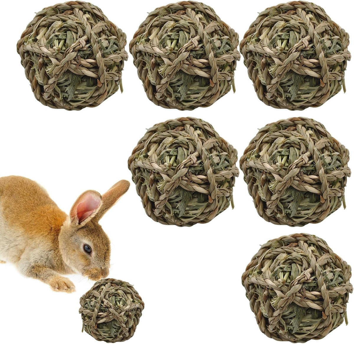 Rabbit Timothy Grass Ball 6 Pcs,Natural Bunny Grass Ball Timothy Hand Woven Chew Toys Small Animals Teeth Grinding Suitable for Hamster Guinea Pig Squirrel Totoro Gerbils
