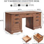 RedLemon 60" Farmhouse Executive Desk with Drawers, Wood Home Office Desk w/Charging Station, Keyboard Tray, File Drawer, Storage Cabinet, Rustic Computer Writing Desk (Reclaimed Barnwood)
