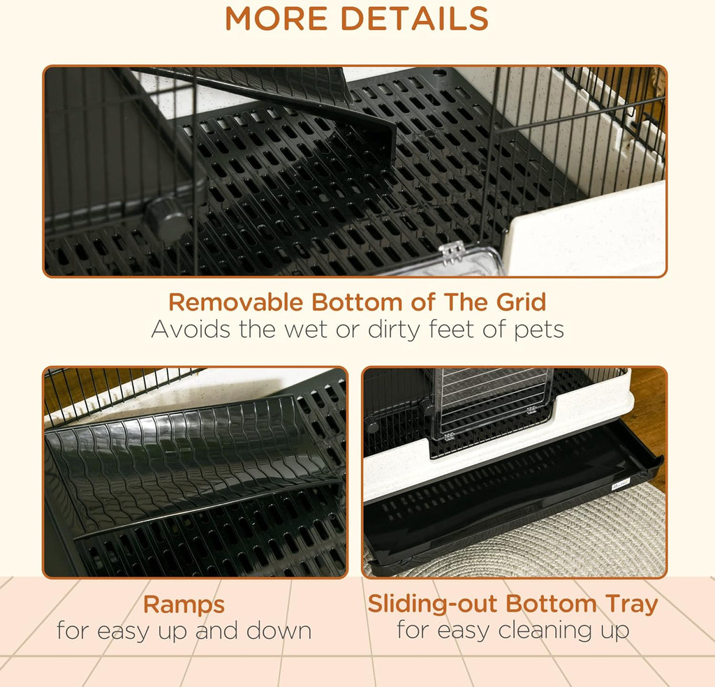 PawHut 26" Small Animal Cage with Wheels, 2-Level Portable Bunny Cage, Chinchilla Ferret Cage with Removable Tray, Platform and Ramp