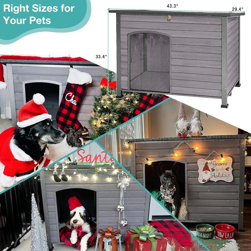Feral Dog House Outdoor,Anti Bite Iron Frame Dog Kennel,Wood Warm Pets Home,Insulated Weatherproof Outside Shelter for Feral Animal (43.3" (L) x 29.4" (W) x 33.4" (H)-Grey-in)