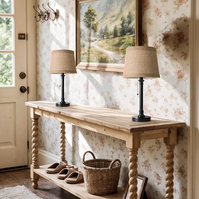 Oneach 19.5” Table Lamps Set of 2, Pull Chain Switch Bedside Table Lamps, Farmhouse Nightstand Lamp with Unique Natural Shade, Small Lamp for Living Room, Bedroom, Home Office, Nursery