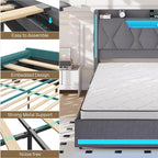 Queen Bed Frame with Headboard, Platform Bed Frame Queen Size with LED Lights & Charging Station, Upholstered Bed Frames with Storage Headboard, No Box Spring Needed, Easy Assembly, Gray