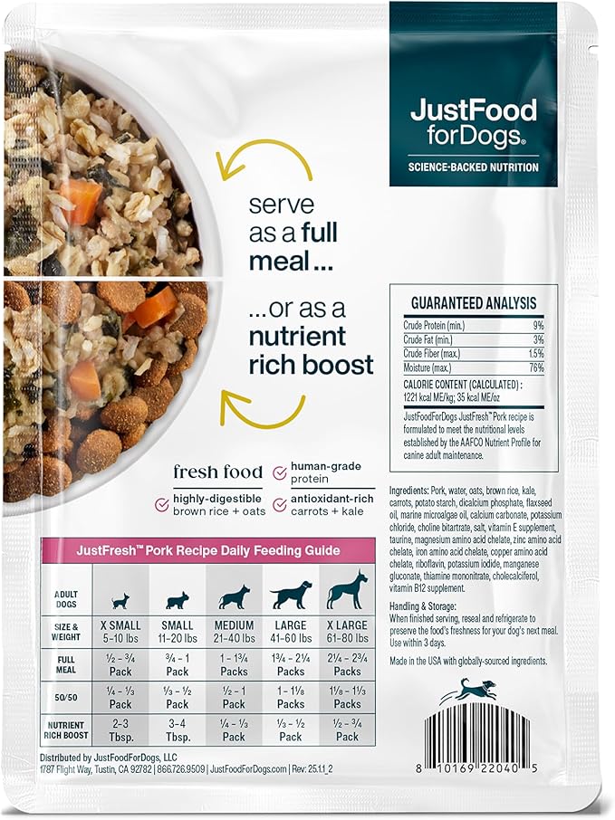JustFoodForDogs JustFresh Wet Dog Food, Fresh Pet Meals and Toppers with No Preservatives, Resealable Package, Human Grade, Home-Cooked Pork, 12 oz - 7 Pack