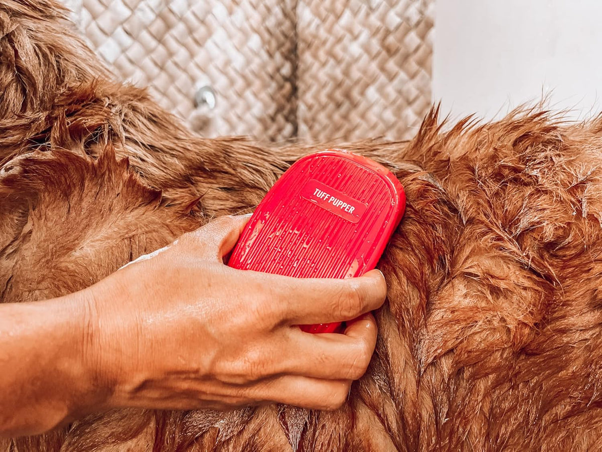 Tuff Pupper Dog Bath Brush, Silicone Pet Hair Remover Brush for Shampooing & Massaging Dogs, Dog Washing Brush with Soft Rubber Bristles Gently Removes Loose & Damaged Fur