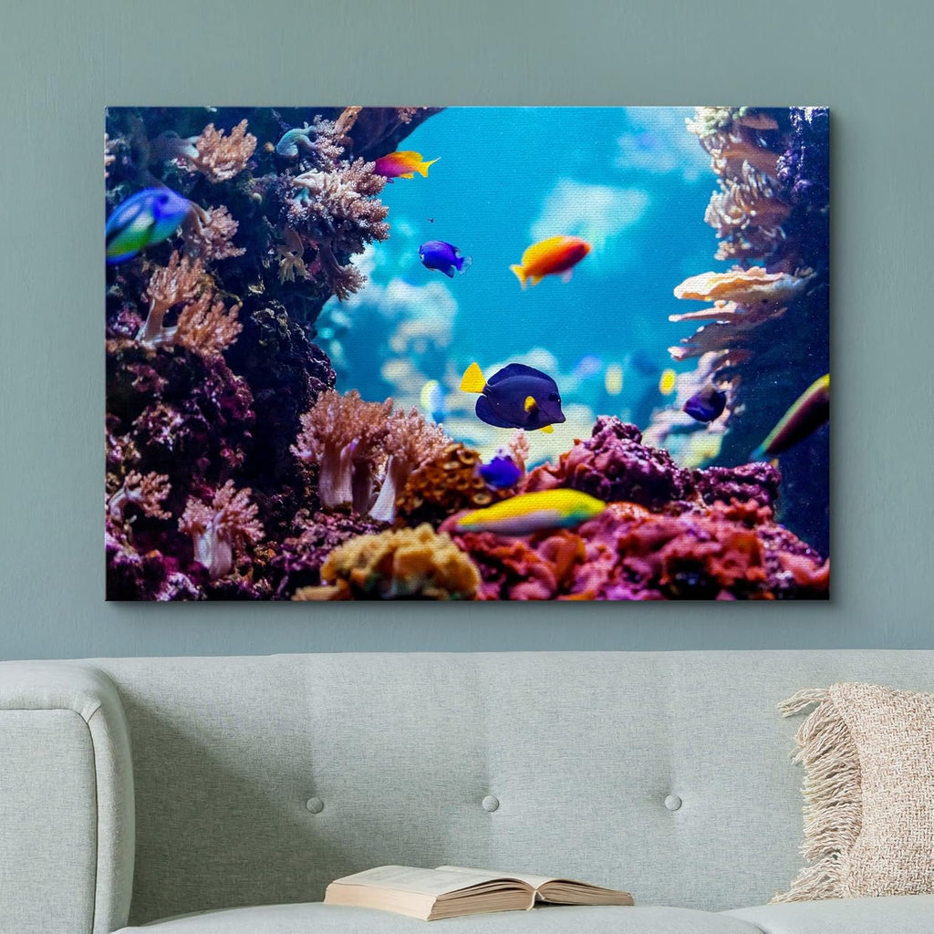 wall26 Canvas Print Wall Art Vibrant Blue Pink Coral Reef Blue Hippo Tang Nature Animals Photography Realism Rustic Scenic Landscape Wilderness Colorful for Living Room, Bedroom, Office - 12"x18"