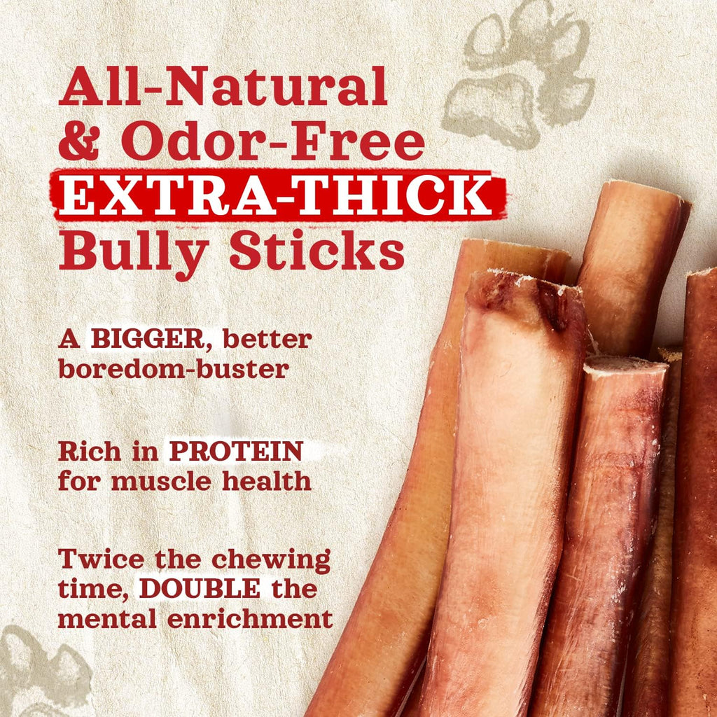 Natural Farm Odor-Free Thick Bully Sticks (6”, 5-Pack) All-Natural Long-Lasting Dog Chews, 100% Beef Pizzle, Grass-Fed, Grain-Free, Protein for Muscle Development & Energy, Perfect for Medium Chewers