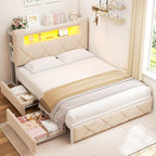 Full Upholstered LED Bed Frame with 2 Storage Drawers and 2-Tier Storage Headboard, Velvet Princess Platform Bed with Charging Station & Bookcase,Heavy Duty Metal Support,No Box Spring Needed,Beige