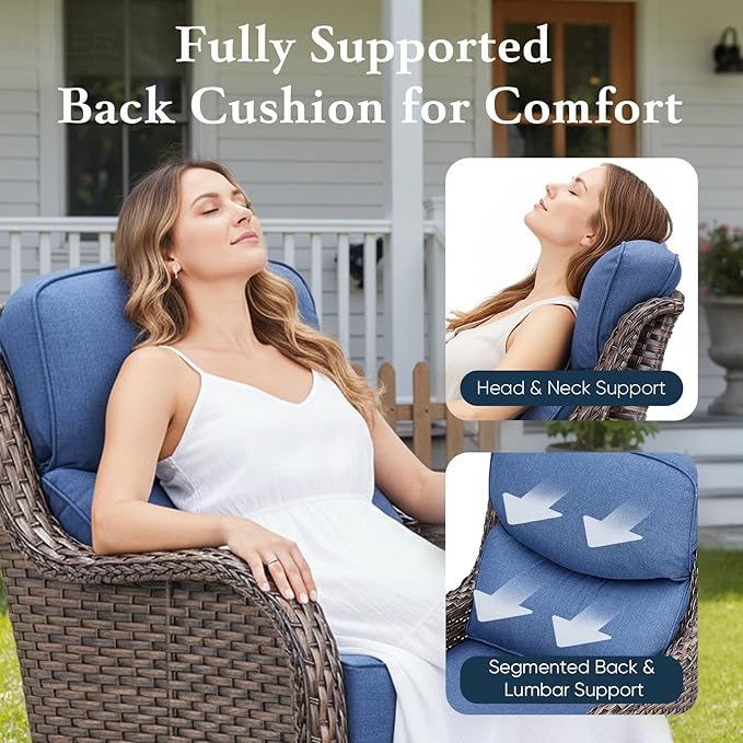 Belord Luxury 6" Thick Cushioned 5 Pieces Patio Furniture Set with 2 Ottomans, Wicker Outdoor Conversation Set with High Back Swivel Rocker Patio Chairs for Deck Porch Yard and Poolside - Brown+Blue