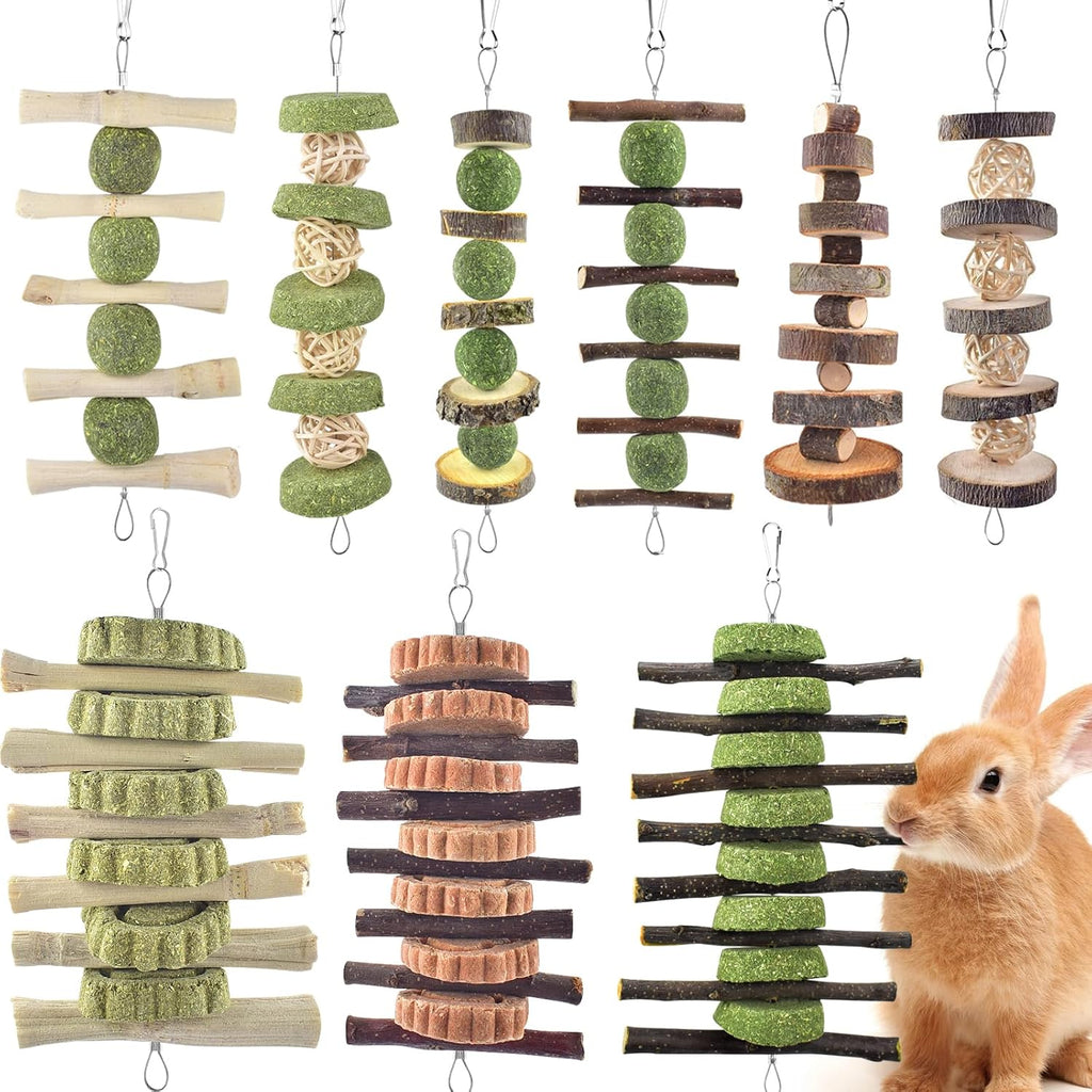 ERKOON Bunny Chew Toys, Rabbit Chew Toys for Teeth Grinding, Improve Dental Health, 100% Natural Apple Wood Timothy Grass Cake Treats for Rabbits Guinea Pigs Chinchillas Bunnies Hamsters (9 Pcs)