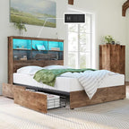 AMERLIFE Queen Size Bed Frame Wooden Platform Bed with 51.2" LED Storage Bookcase Headboard, 4 Storage Drawers & Charging Station/No Box Spring Needed/Noise Free/Rustic Brown