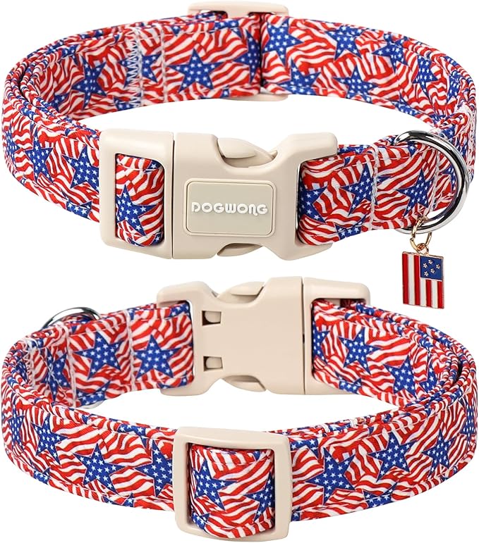 DOGWONG American Flag Dog Collar, Patriotic Independence Day Dog Collar Soft Fabric Pet Dog Collars, Boy Red White and Blue Necklace for Small Medium Large Dogs