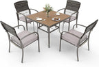 Pamapic 5-Piece Outdoor Furniture Set, Rattan Patio Dining Set with Weather-Resistant Iron Slats Table, 4 Stackable Chairs & Removable Cushions for Backyard, Deck, Garden (Grey)