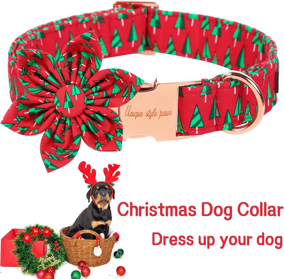 Unique style paws Christmas Dog Collar with Flower Best Winter for Small Medium Large Dogs -Christmas Tree-XS