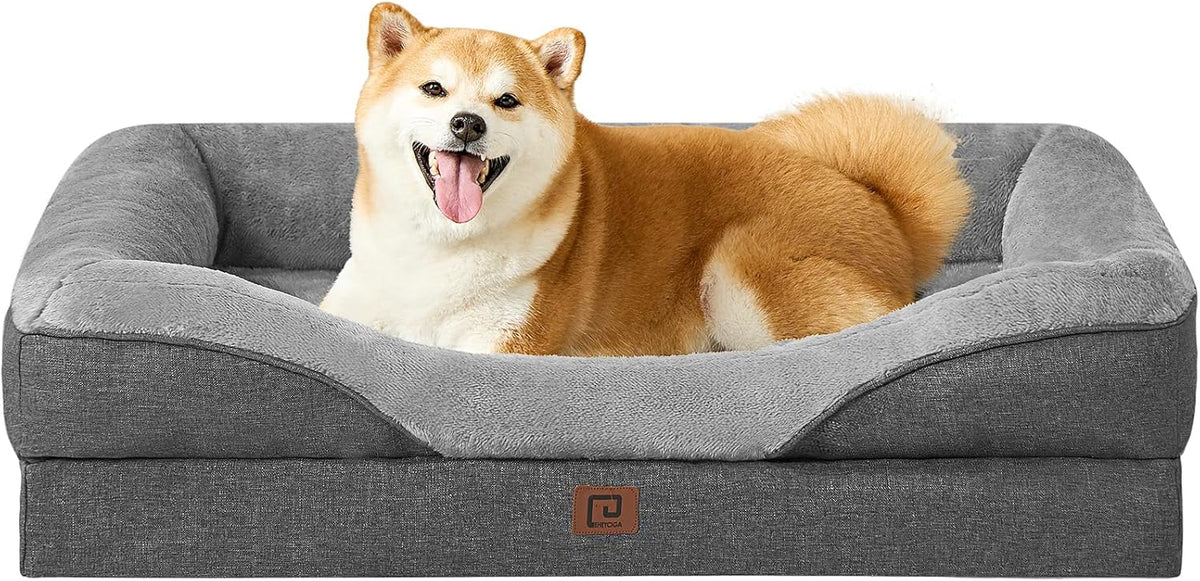 EHEYCIGA Memory Foam Dog Bed for Large Sized, Orthopedic Dog Sofa with Sides and Waterproof Liner, Washable Bolster Pet Bed Couch with Removable Cover, 36x27x7 Inch, Grey