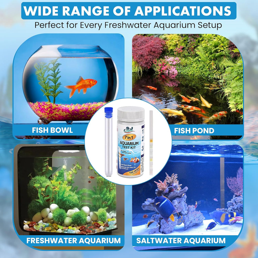 7 in 1 - Aquarium Test Strips | 100 Fast & Accurate Strips | Fish Tank Aquariums Water Test Kit & ebook | Aquarium Thermometer | Fish Tank Water Testing Kit for Fresh & Saltwater | Versatile Usage