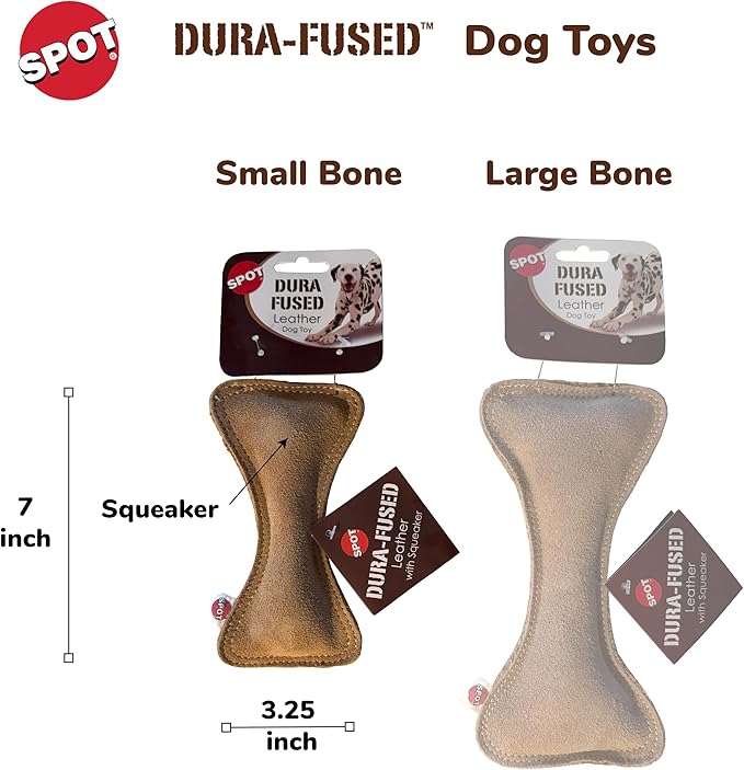 SPOT Dura-Fused Leather Small Bone Dog Toy – Durable Chew Toy with Real Leather & Jute, Squeaker, and Double-Stitched Seams for Moderate Chewers, Small & Medium Dogs, 7in