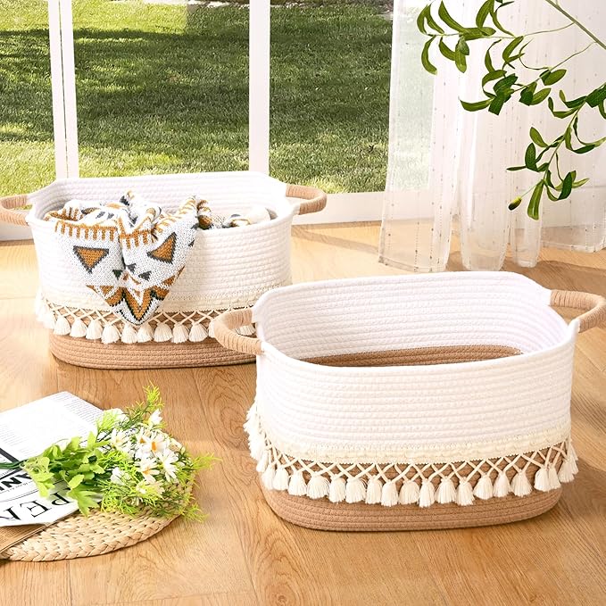 2 Pack Storage Basket for Shelves, Boho Cotton Rope Storage Bins with Heavy Tassel, Shelf Baskets Large Woven Baskets for Organizing, Cube Organizer Bins, Baby Laundry Basket for Clothes, Toys, Pets