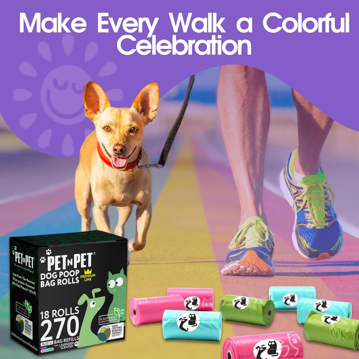 Pet N Pet 270 Counts Lavender Scented, Colorful Poop Bags for Dogs, 38% Plant Based & 62% PE Dog Poop Bags Rolls, Extra Thick Dog Waste Bag, Doggy Bag