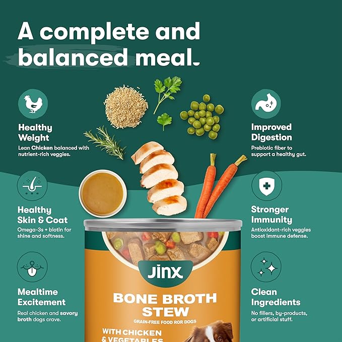 Jinx Bone Broth Stew for Dogs - Chicken & Vegetables Recipe - Grain-Free Wet Dog Food & Topper for Picky Eaters - Promotes Lean Muscle Growth, A Healthy Coat & Improved Digestion - 13 Oz, 12 Pack