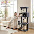 MUTTROS Cat Tree for Large Cats with Metal Plush Big Hammock, 56.3" Cat Tower for Indoor Cats with 2 Door Condo House, 6-Tier Cat Shelves with Scratching Posts and Large Top Perch, Dark Gray
