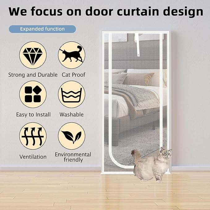 Reinforced Cat Screen Door,Fits Door Opening Size 36''x 81'',Thickened Cat Proof Mesh Screen Door with Zipper Closure for Living Room,Kitchen,Bedroom. (U-Type,White)