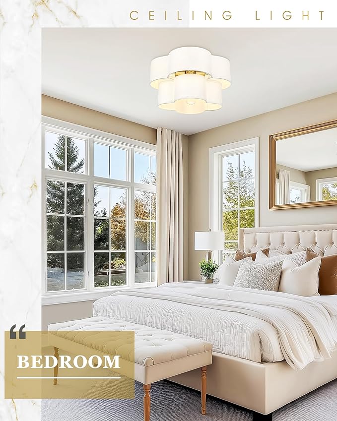 Gold Semi Flush Mount Ceiling Light, 5-Light 18" Ceiling Light Fixtures with Double Fabric Drum Shade in Quatrefoil Shape, Light Fixtures Ceiling Mount for Nursery Bedroom, AD-22007-5SF-GD
