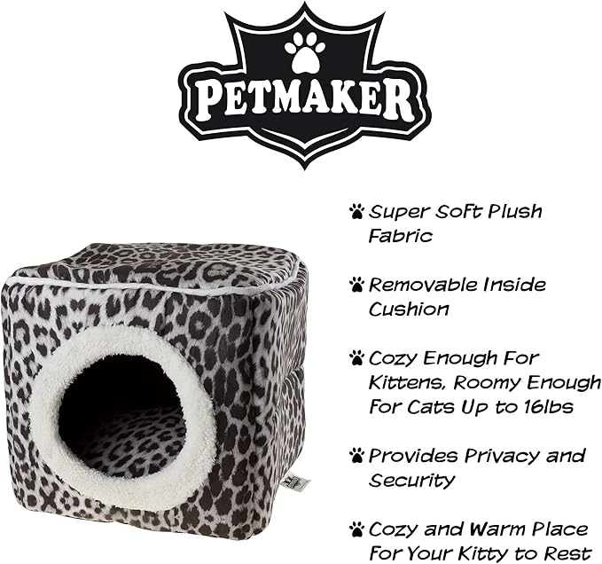 Cat House - Indoor Bed with Removable Foam Cushion - Cat Cave for Puppies, Rabbits, Guinea Pigs, and Other Small Animals by PETMAKER (Animal Print)