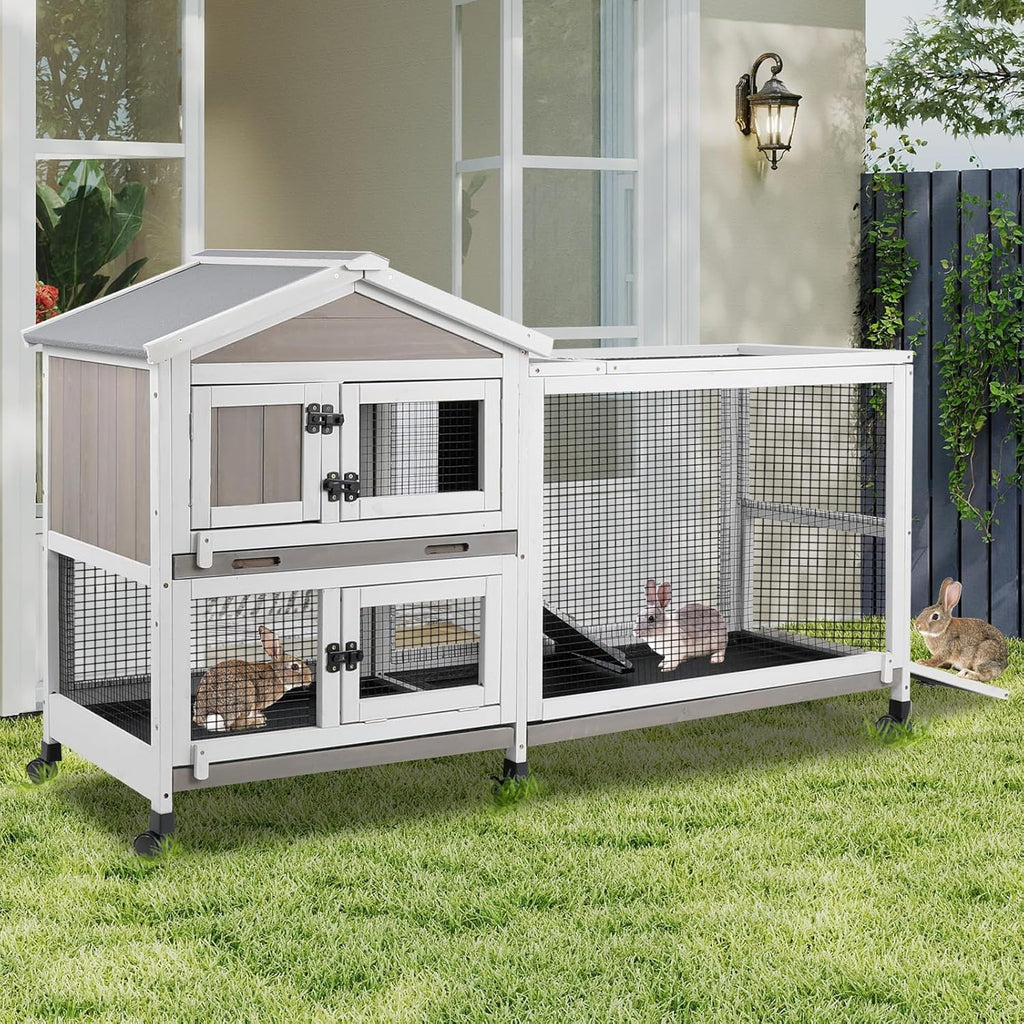 Rabbit Hutch Outdoor Indoor Bunny Hutch with Run 2-Story Large Rabbit Cage on 6 Wheels, 3 Leak Proof Trays, Ramp, Waterproof Roof for Small to Medium Animals, Expandable Design