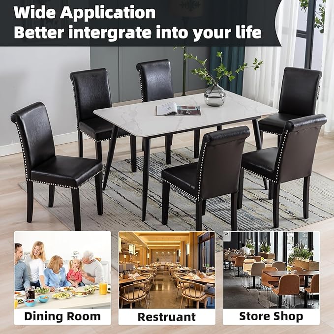Westice Dining Room Chairs Set of 8 Upholstered PU Leather Kitchen Chairs Dining Room Side Chair with Nailhead Trim and Rubber Wood Legs for Small Space Apartment, Black