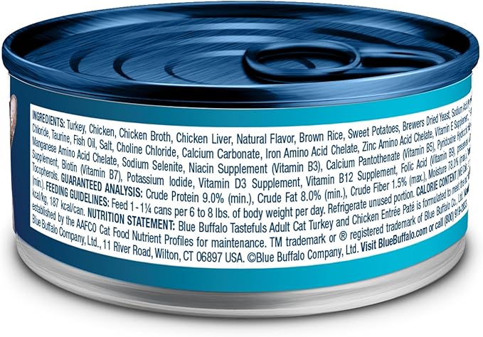 Blue Buffalo Tastefuls Wet Cat Food Paté, Made with Natural Ingredients, Turkey and Chicken Entrée, 5.5-oz Cans (24 Count)