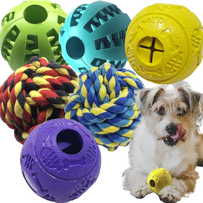 Jalousie Dog Puzzle Balls Dog Treat Dispensing Balls Non-Toxic Natural Rubber Dog Chew Toys for Puppy Pet Dog Teething Puzzle Playing Treat Dispenser Rope Balls (Small, 6 Pack Assorted)